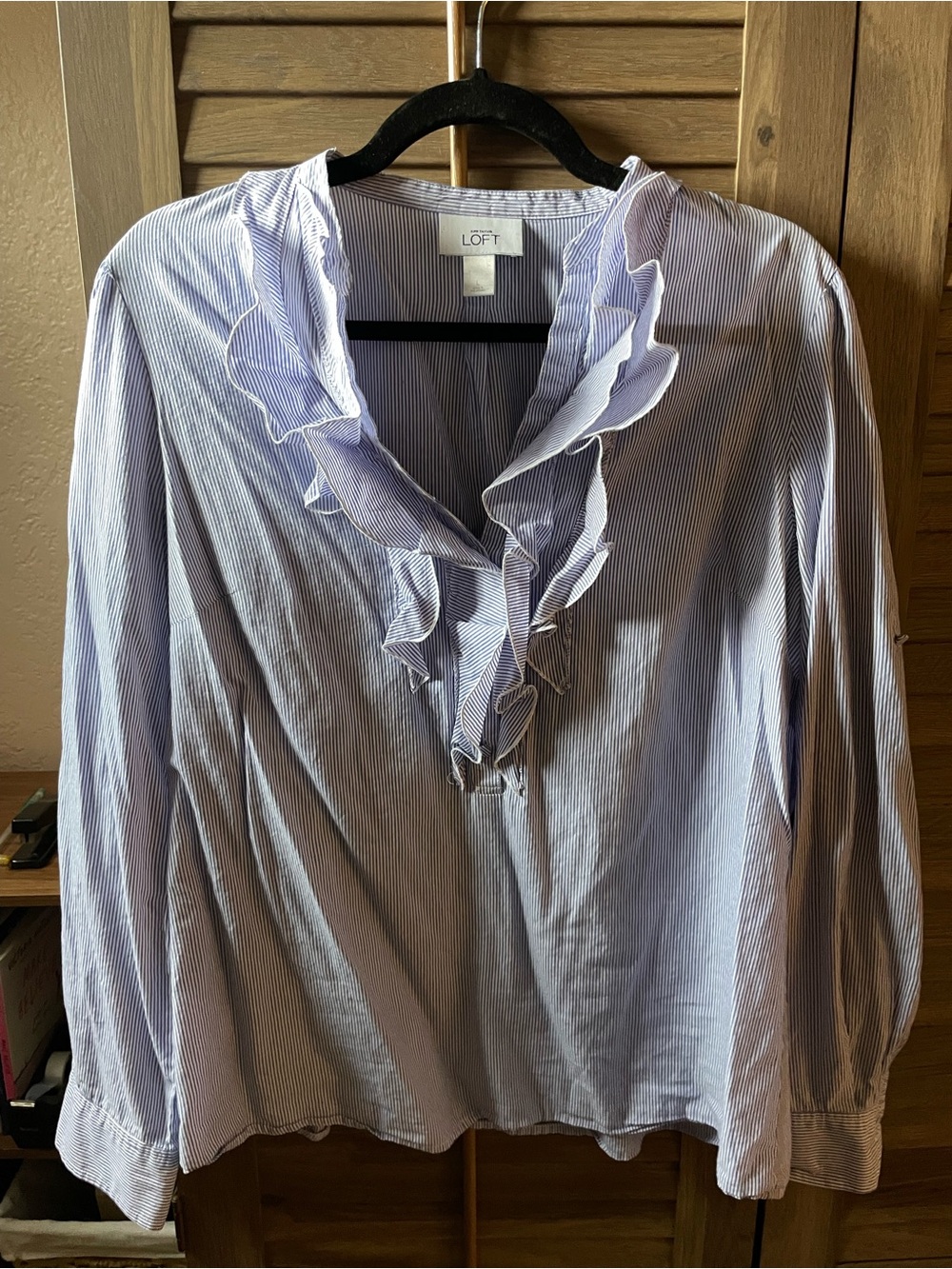 LOFT Light Blue Pinstripe Ruffle V-Neck Blouse